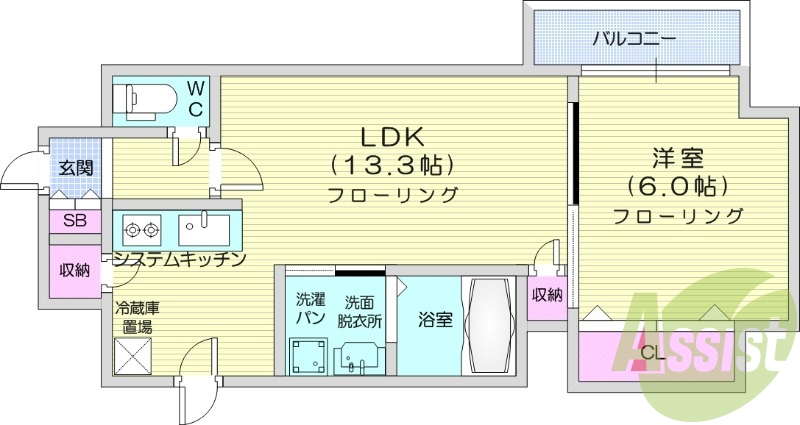 1LDK、クローゼット、システムキッチン