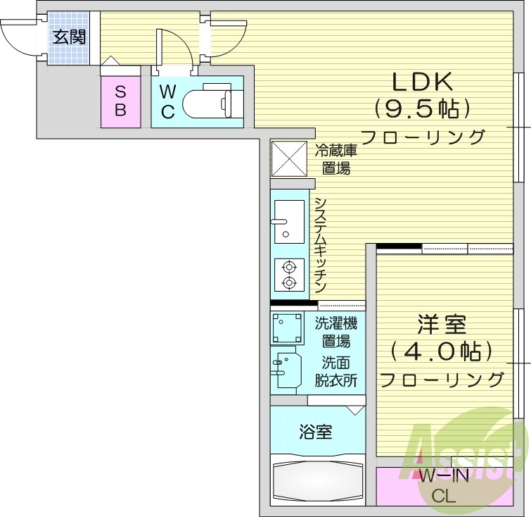 1LDK、都市ガス、エアコン、システムキッチン