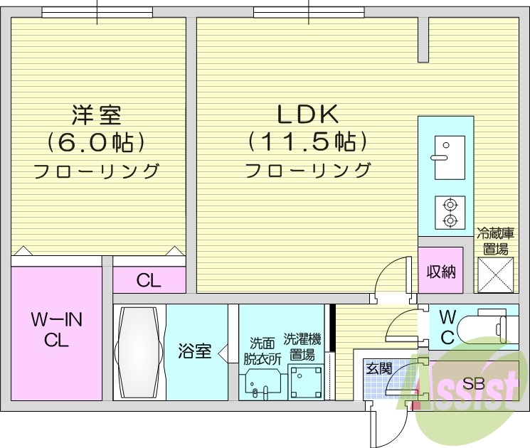 1LDK、エアコン、システムキッチン、シャンドレ