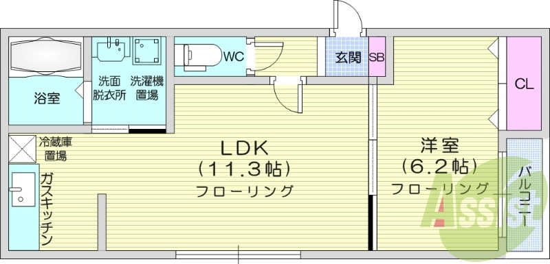 1LDK、バストイレ別、ペット可、光ファイバー