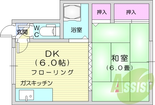 1DK、バス・トイレ別、ウォシュレット、ガスFF暖房