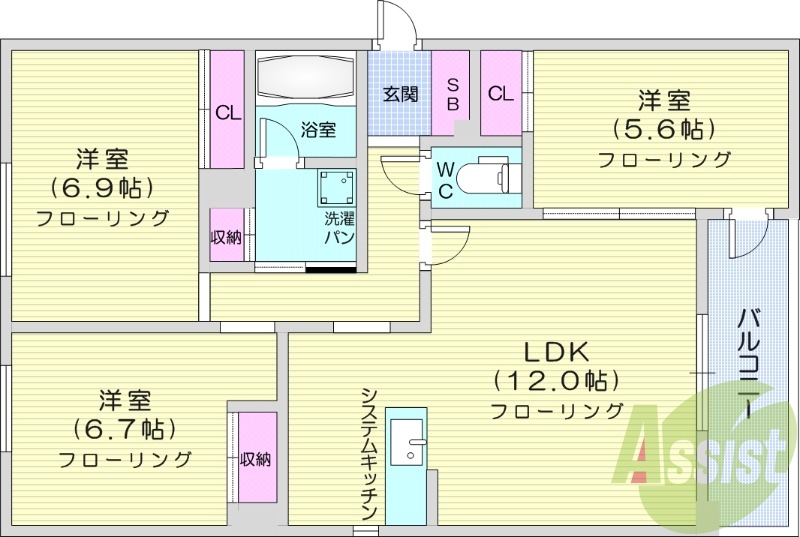 3LDK、エアコン、システムキッチン、都市ガス、宅配BOX