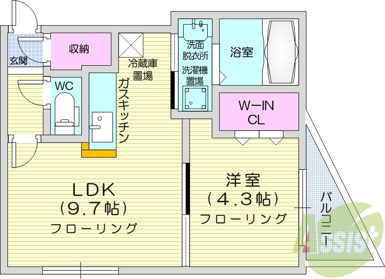 1LDK、角部屋、エアコン、灯油暖房、ネット無料