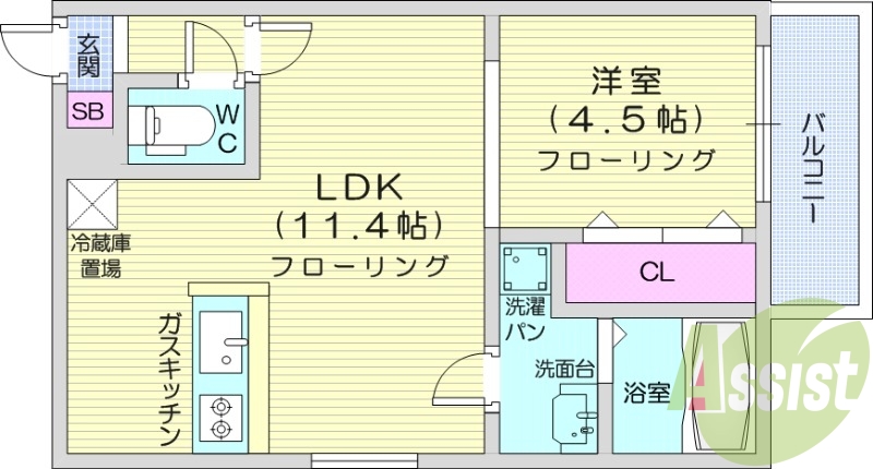 1LDK、エアコン、システムキッチン、都市ガス