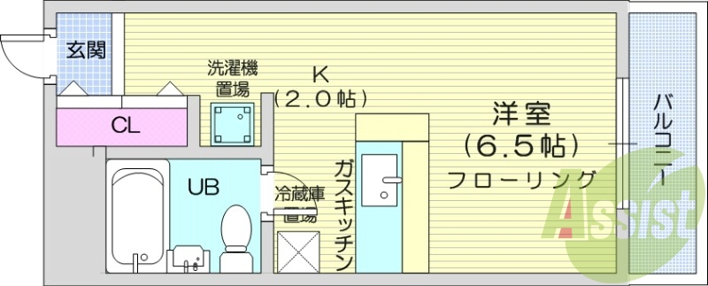 1K、収納、ガス暖房、バルコニー、洗濯機置場