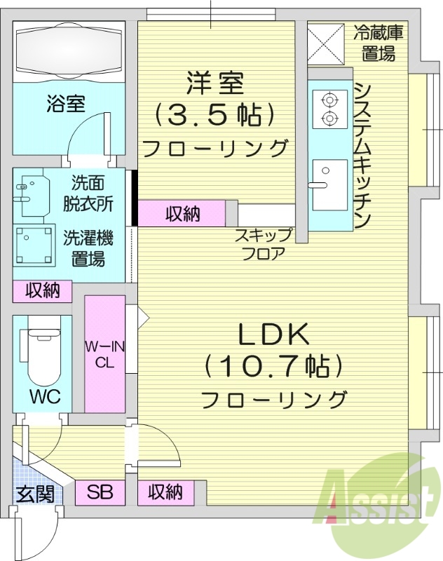 1LDK、都市ガス、角部屋、エアコン、ネット使用料無料