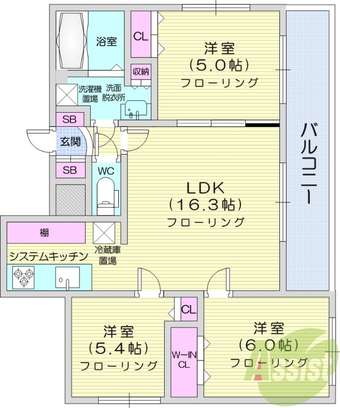 3LDK、都市ガス、エコジョーズ、ネット使用料無料