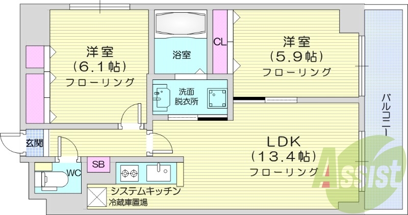 2LDK、システムキッチン、エアコン、シャンプードレッサー