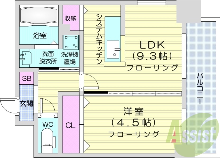 1LDK、都市ガス、システムキッチン、シャンプードレッサー