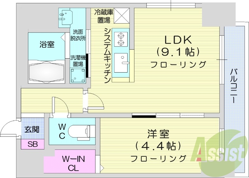 1LDK、都市ガス、システムキッチン、シャンプードレッサー