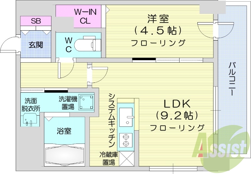 1LDK、都市ガス、システムキッチン、シャンプードレッサー