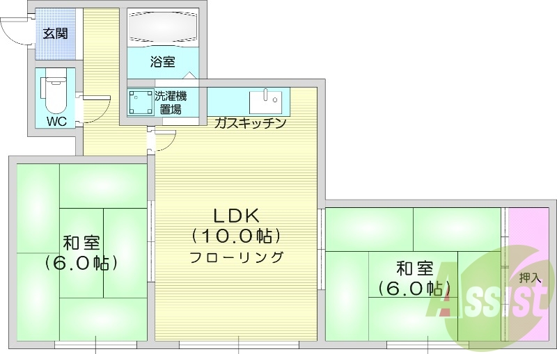 2LDK、収納、バストイレ別、洗濯機置場、ネット無料