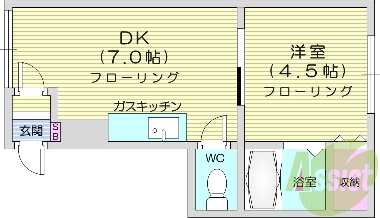 1DK、ガス暖房、ネット無料、収納、バストイレ別