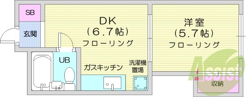 1DK、灯油FF暖房、室内洗濯機置き場、ガス給湯