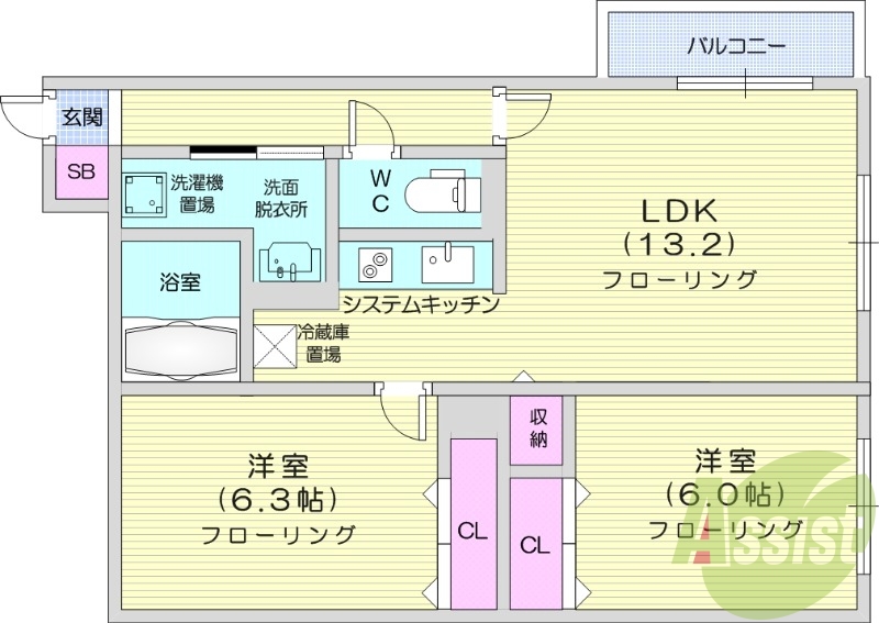 2LDK、エアコン、ネット無料、追い炊き、収納