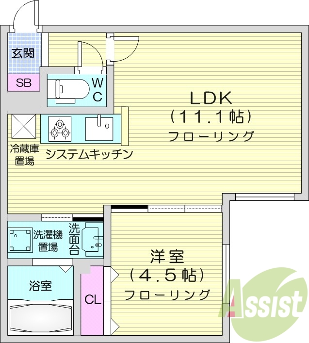 1LDK、システムキッチン、エアコン、ネット使用料無料