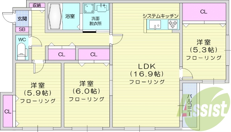 3LDK、ネット使用料不要、エアコン、システムキッチン