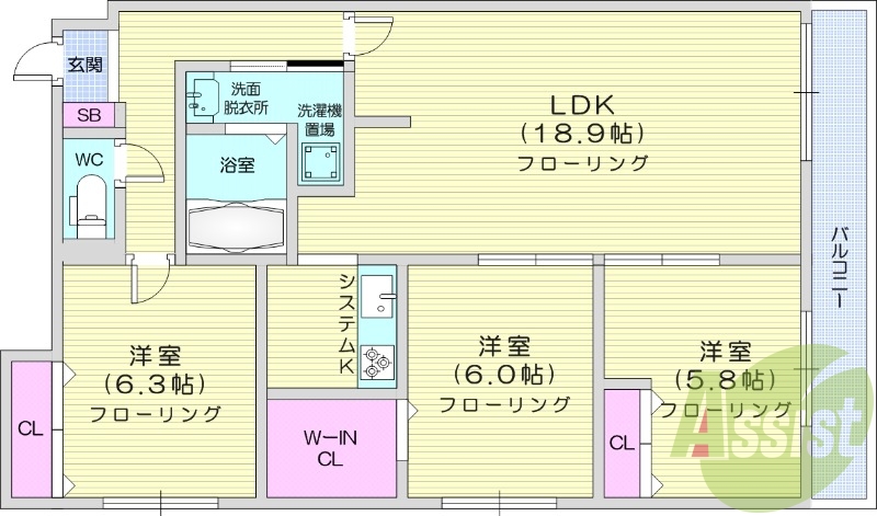 3LDK、ネット使用料不要、エアコン、システムキッチン