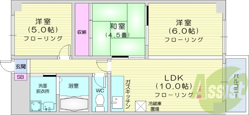 3LDK、オートロック、都市ガス、モニターホン