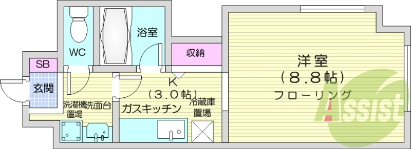 1K、都市ガス、オートロック、バストイレ別、ネット使用料無料