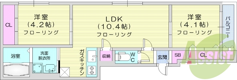 2LDK、シャワートイレ、エアコン、インターネット無料