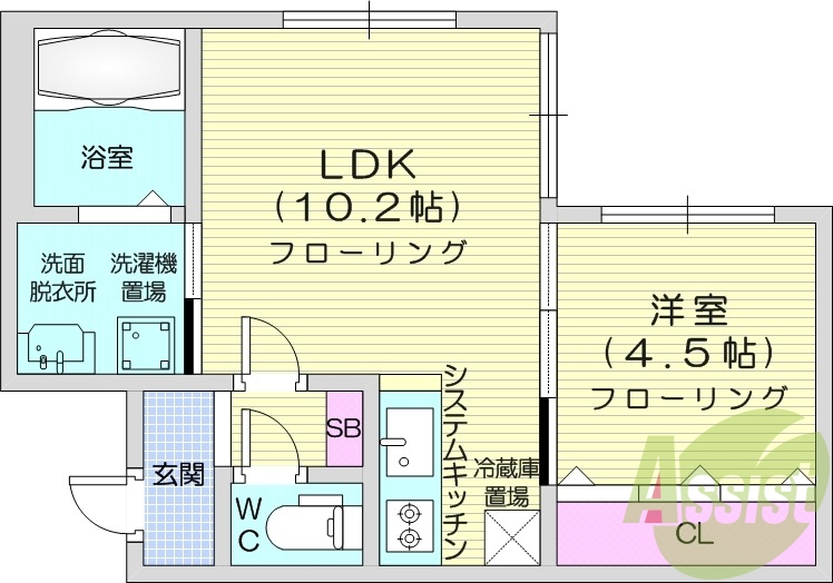 1LDK、オートロック、ネット無料、エアコン、バストイレ別