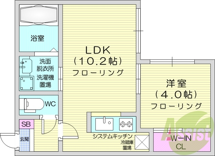 1LDK、エアコン、都市ガス、システムキッチン