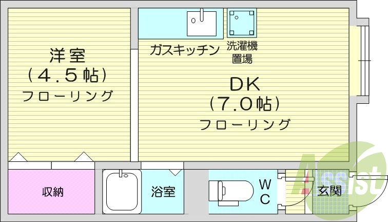 1DK、灯油暖房、バストイレ別、ガスキッチン