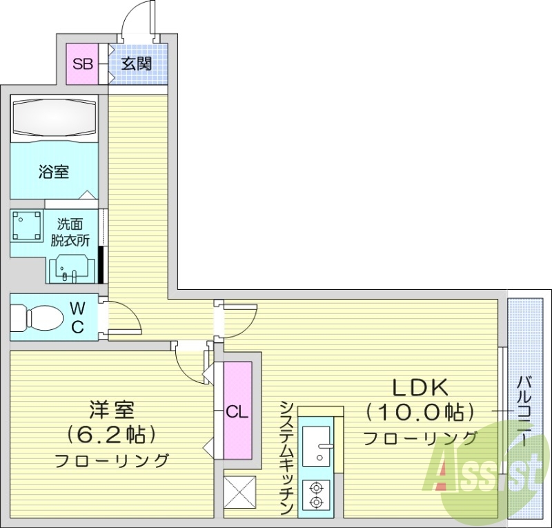 1LDK、システムキッチン、シャンプードレッサー、バルコニー