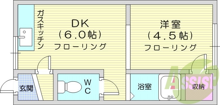 1DK、最上階、灯油暖房、フローリング、収納