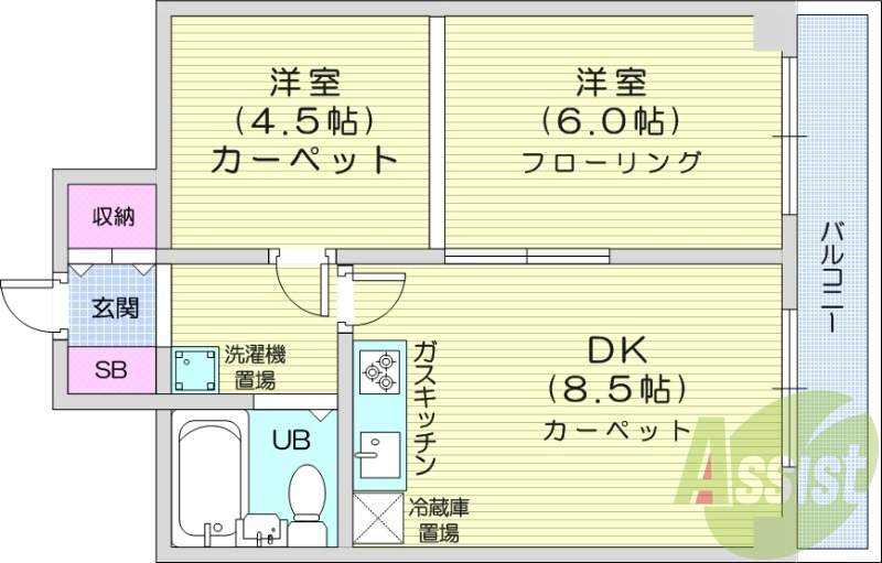 2DK、都市ガス、ガス暖房、エレベーター