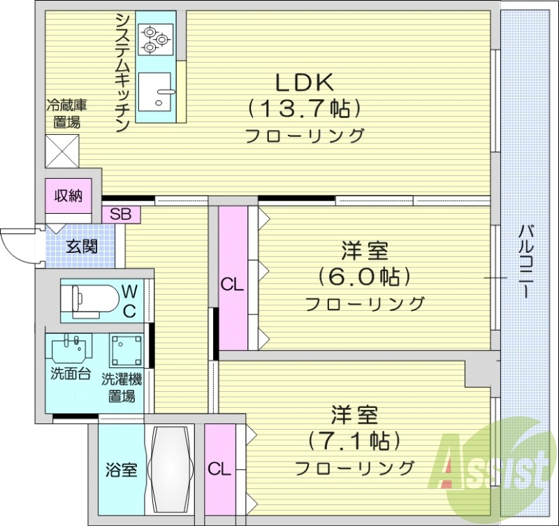 2LDK、都市ガス、エコジョーズ、対面キッチン