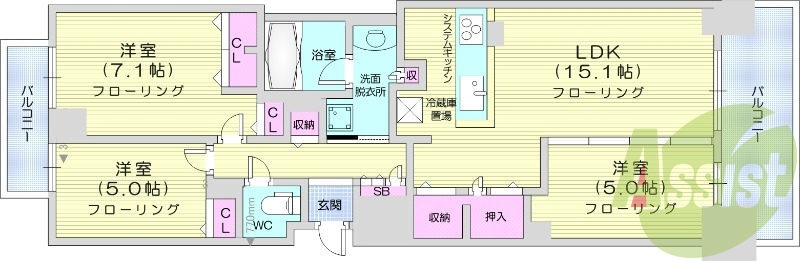 3LDK、分譲マンション、無料駐車場、都市ガス