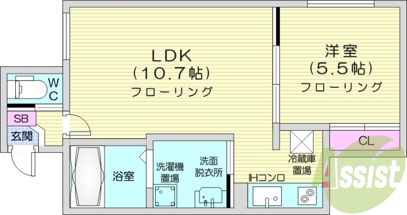 1LDK、クローゼット、IHコンロ、シャンプードレッサー