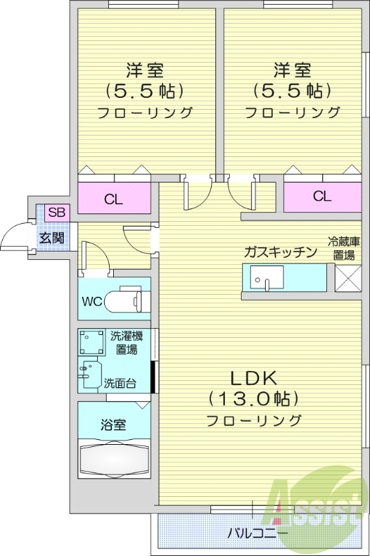 2LDK、角部屋、独立洗面台、ネット使用料無料