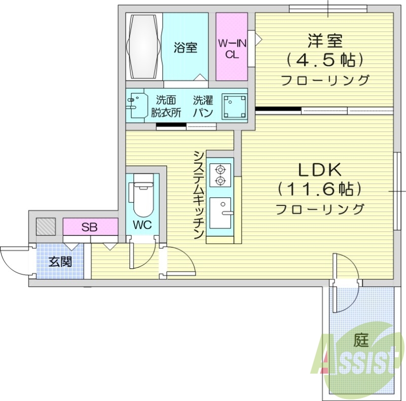 1LDK、システムキッチン、都市ガス、エアコン