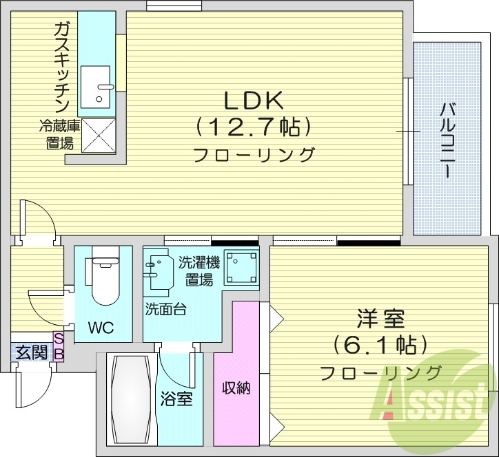 1LDK、灯油暖房、バルコニー、角部屋、カウンターキッチン