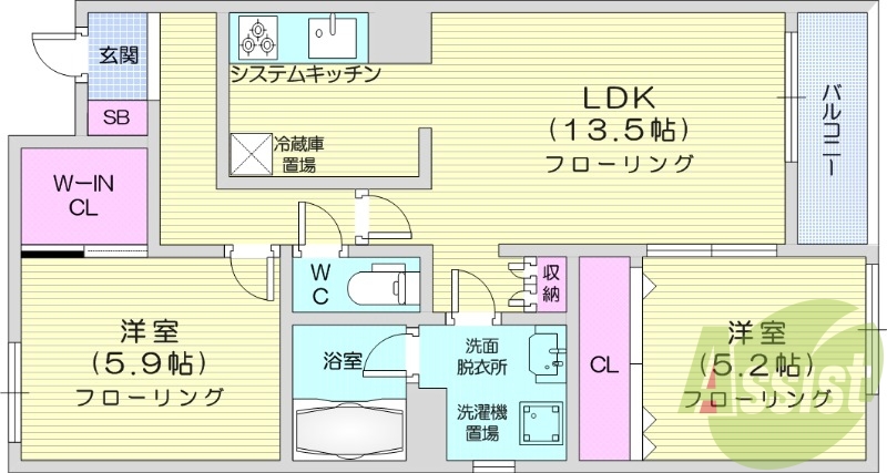 2LDK、都市ガス、ウォークインクローゼット、バルコニー