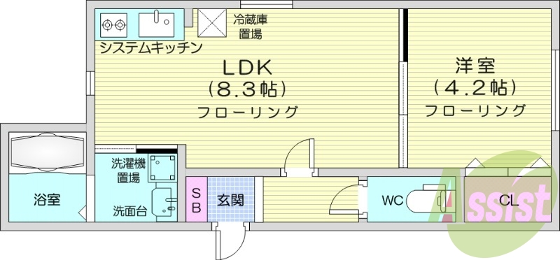 1LDK、ネット使用料不要、シャワートイレ
