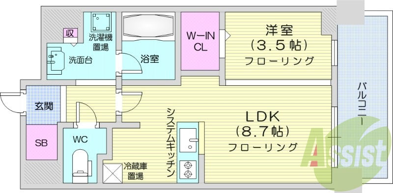 1LDK、分譲マンション、都市ガス、ウォークインクローゼット
