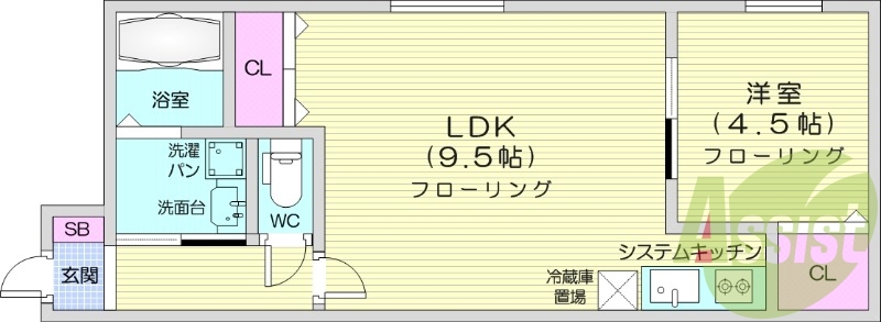 1LDK、バストイレ別、角部屋、浴室乾燥機付き