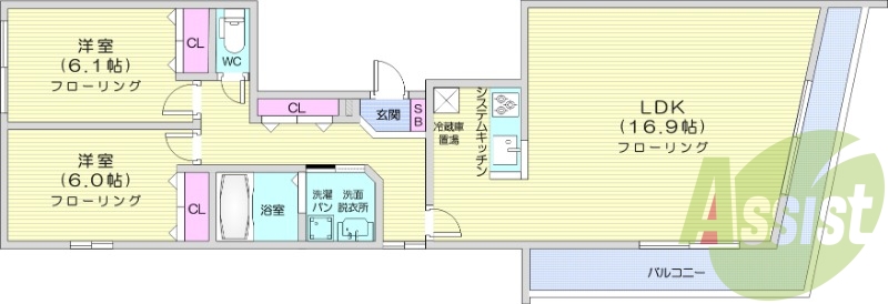 2LDK、システムキッチ、追い焚き