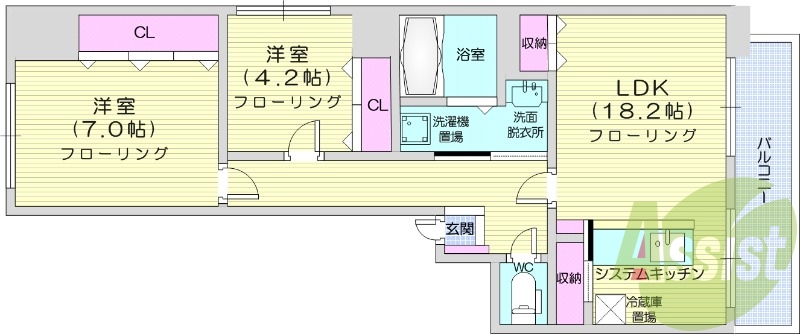 2LDK、都市ガス、浴室乾燥機、インターネット使用料無料