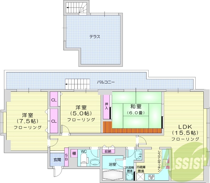 3LDK、システムキッチン、浴室乾燥機、バルコニー