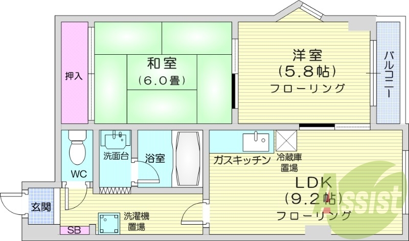 2LDK、宅配ボックス、オートロック、ガス暖房