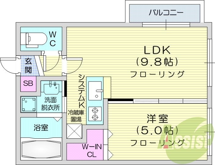 1LDK、システムキッチン、浴室乾燥機、エアコン