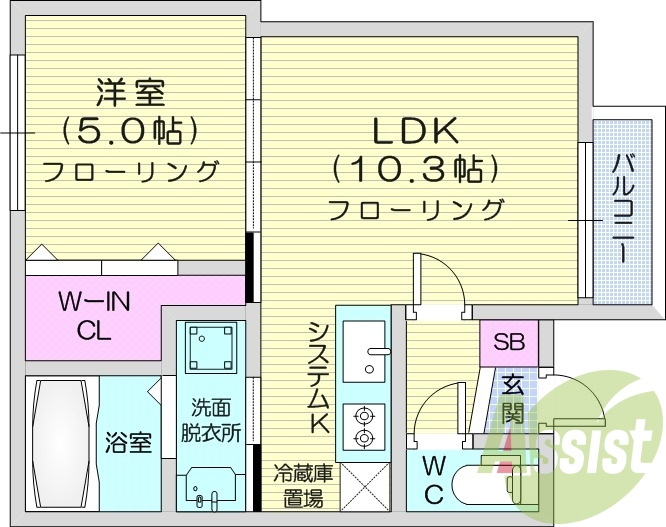 1LDK、システムキッチン、浴室乾燥機、エアコン