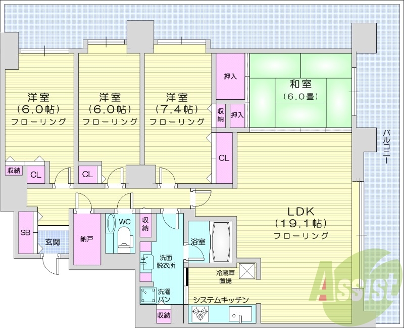 4LDK、都市ガス、分譲、エアコン、システムキッチン