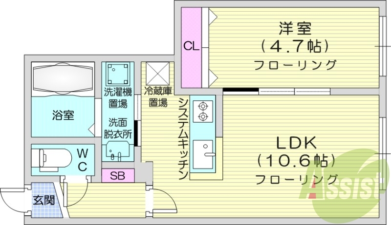 1LDK、システムキッチン、追い焚き、エアコン