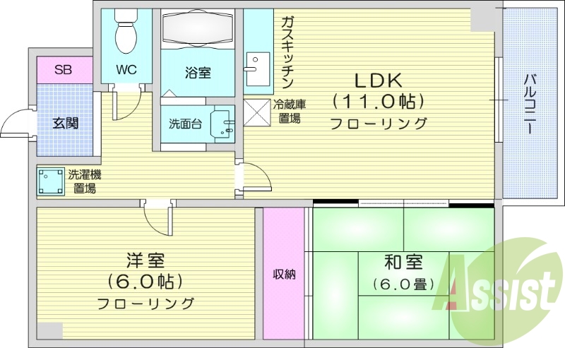 2LDK、角部屋、灯油暖房、バルコニー、エレベーター